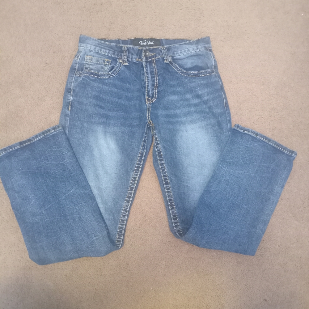 Vintage TRUE LUCK Slim Classic Stretch Full Blast Blue Denim Mens Jeans 32x32